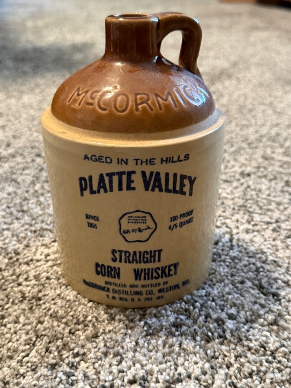 Vintage Platte Valley Straight Corn Whiskey Stoneware Jug McCormick 4/5 quart